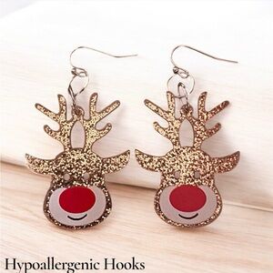 Festive Reindeer Gold and Red Earrings